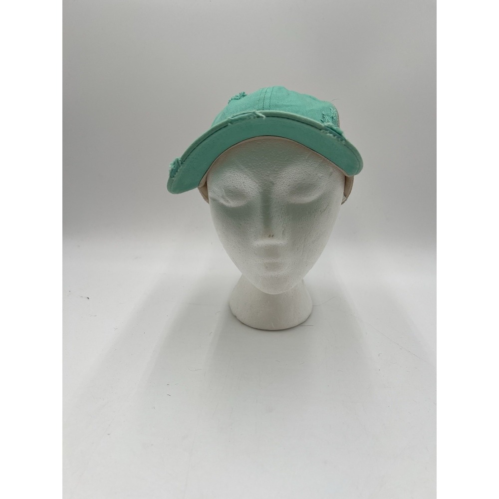 Distressed Ponytail Trucker Hat Criss Cross Messy Bun Mint Green Tan Mesh Cap